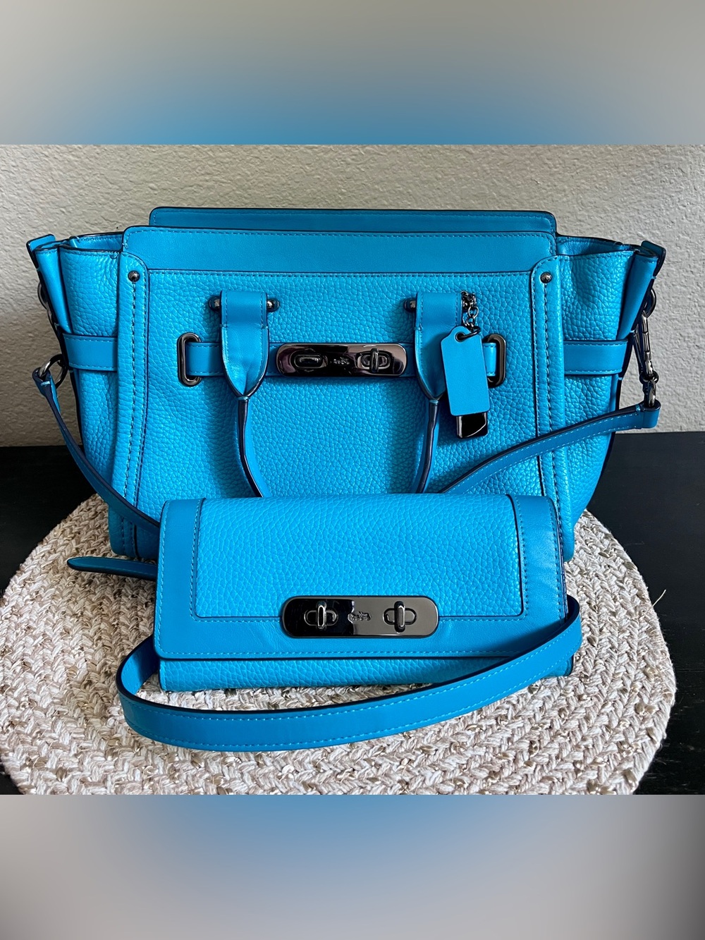 Coach Swagger 27 Turquoise Satchel Crossbody Bag & Wallet Set